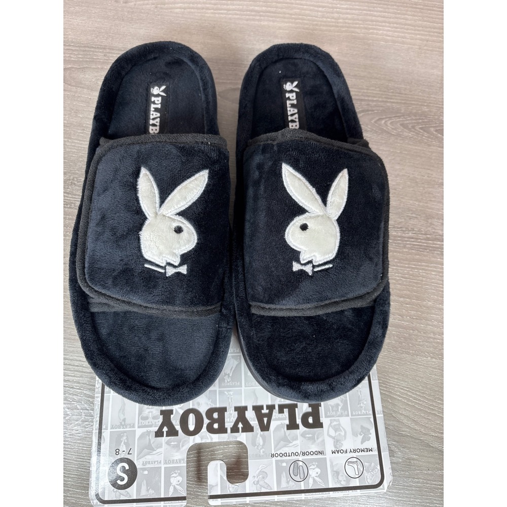 Playboy Bunny Logo Slides Mens S 7-8 Black Memory Foam Adjustable Slippers